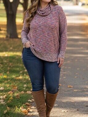 Natural Reflections Cowl Neck Knit Sweater Boho Cozy Pullover Relaxed Fit